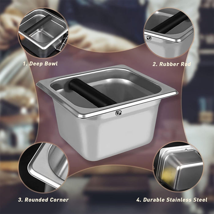 Stainless Steel Coffee Grounds Bucket with Rubber Buffer Rod