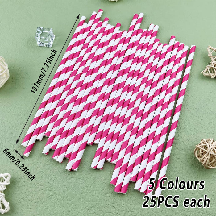 125pcs Biodegradable Paper Straws Mixed Stripe Colours