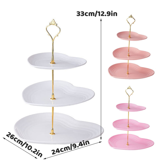 3 Pcs 3-Tier Porcelain Dessert Stand with Gold Heart Handle 26 x 33 cm