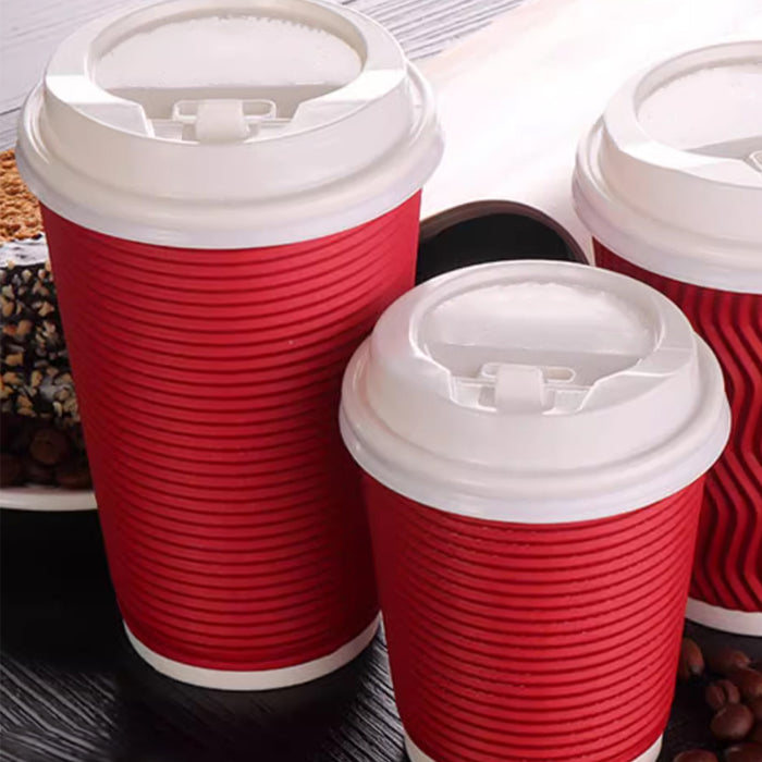 50 Sets Corrugated Paper Cups With White Lids 8oz 12oz 14oz 16oz