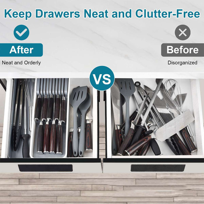 Expandable Knife Organiser Tray with Silicone Inserts White Grey