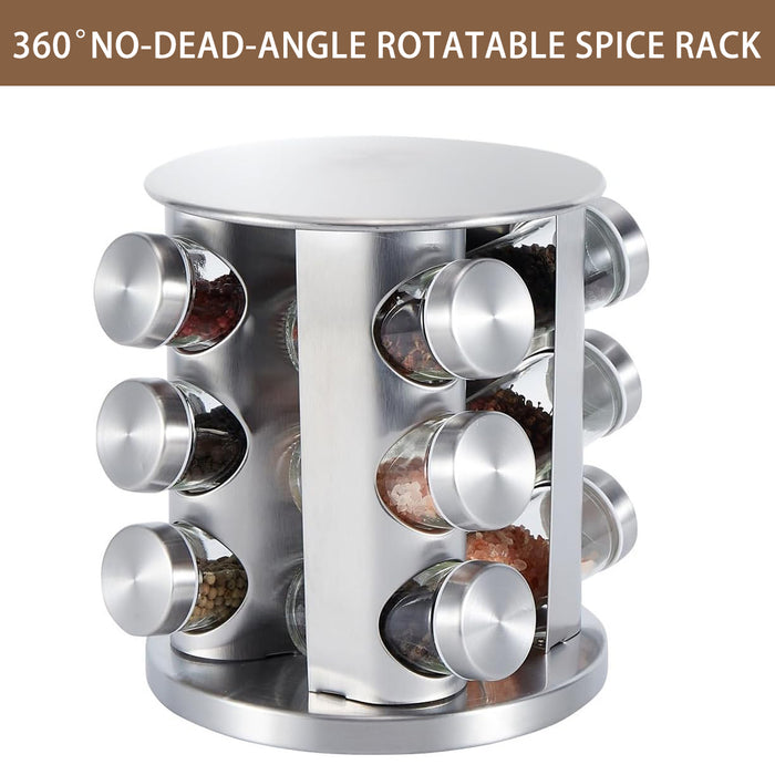 Stainless Steel Rotating Spice Rack with 12 Glass Jars