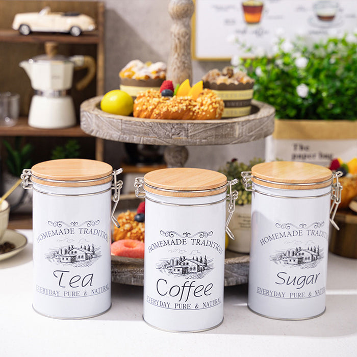 3PCS White Tinplate Coffee Tea Sugar Storage Jar Set