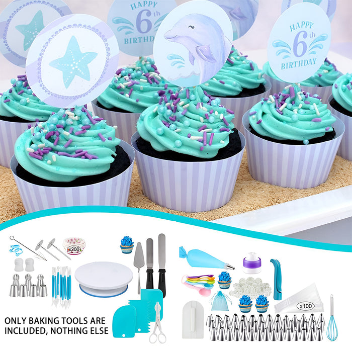 420 Pcs Cake Decorating Kit with 11in Turntable Blue Silver
