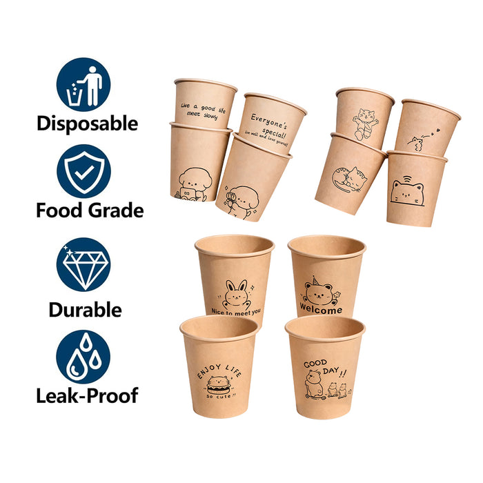 300 Pcs Kraft Paper Cups 250ml Leak Resistant Animal Print