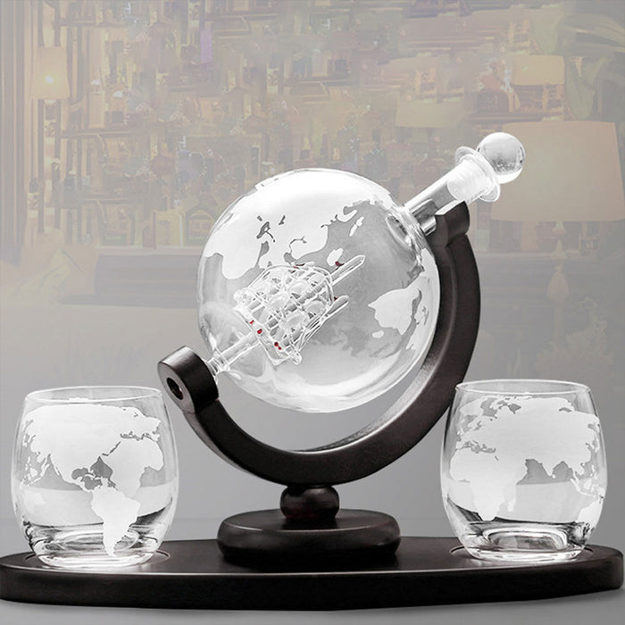 Globe Wine Decanter Set with Sailing Ship and 2 Glasses