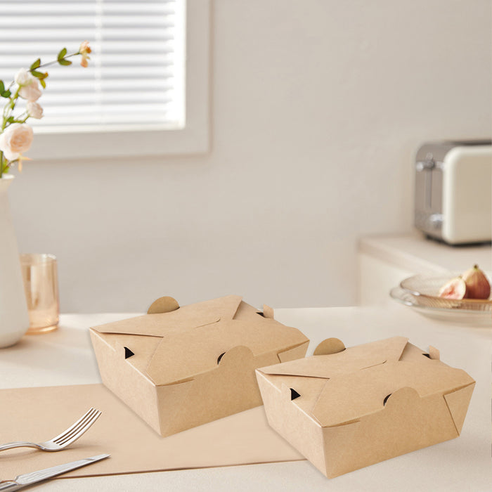 50PCS Disposable Kraft Paper Food Boxes, PE-Coated, Leak-Resistant, 750ml/1400ml