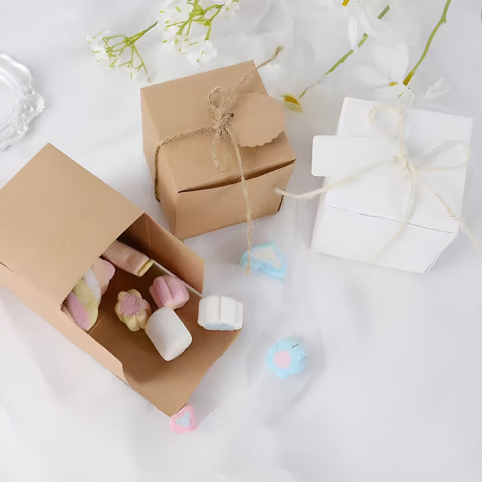50 Pcs Kraft Paper Gift Boxes 7x7x7cm with Rope and Tags