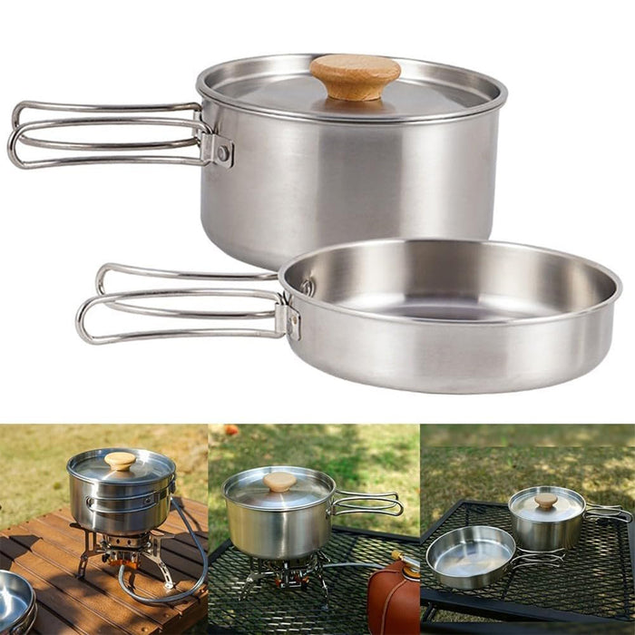 2 Pcs 304 Stainless Steel Camping Pot and Pan Set with Folding Handles