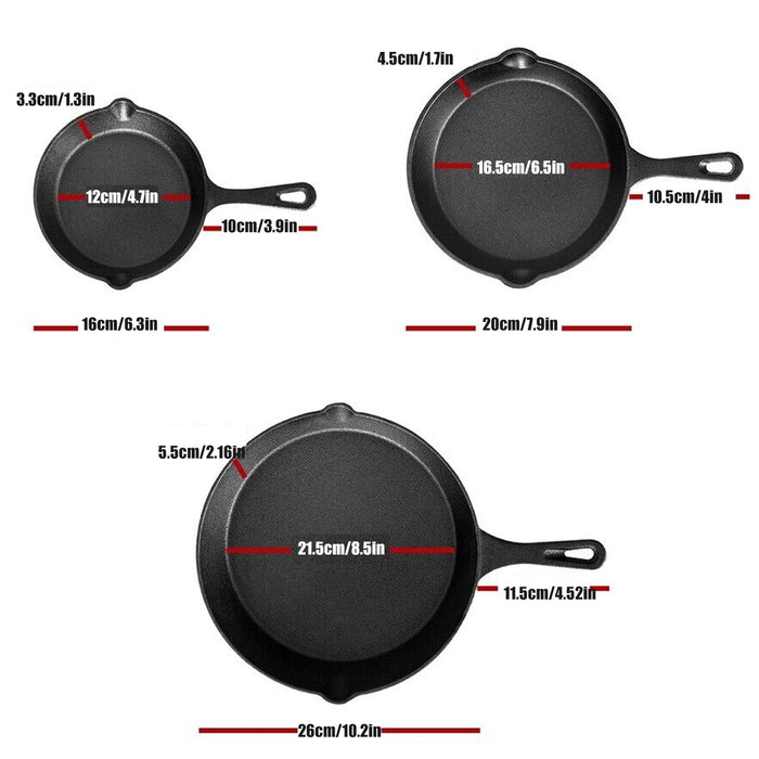 3Pcs Cast Iron Frying Pan Set Non-Stick for All Stovetops