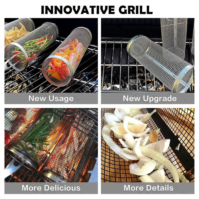 2 Pcs Stainless Steel Rotating BBQ Basket Round Grill Cage Small 20 x 9.5 cm / Large 30 x 9.5 cm