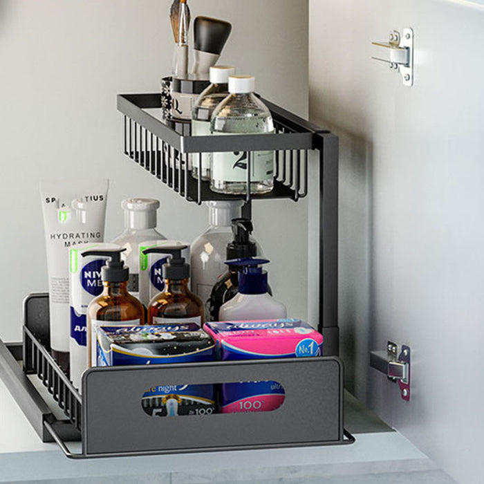Two Tier Metal Storage Rack with Sliding Basket Black