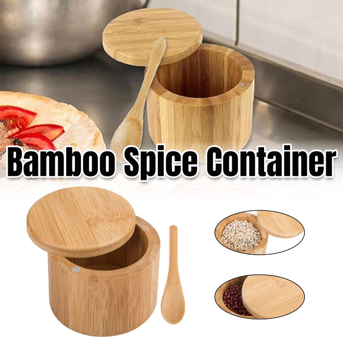 Bamboo Salt Box With Magnetic Swivel Lid And Spoon
