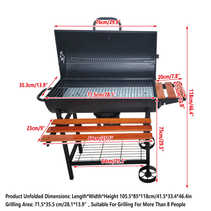 Portable Outdoor Charcoal BBQ Grill with Thermometer Wooden Shelf 105.5 x 85 x 118 cm