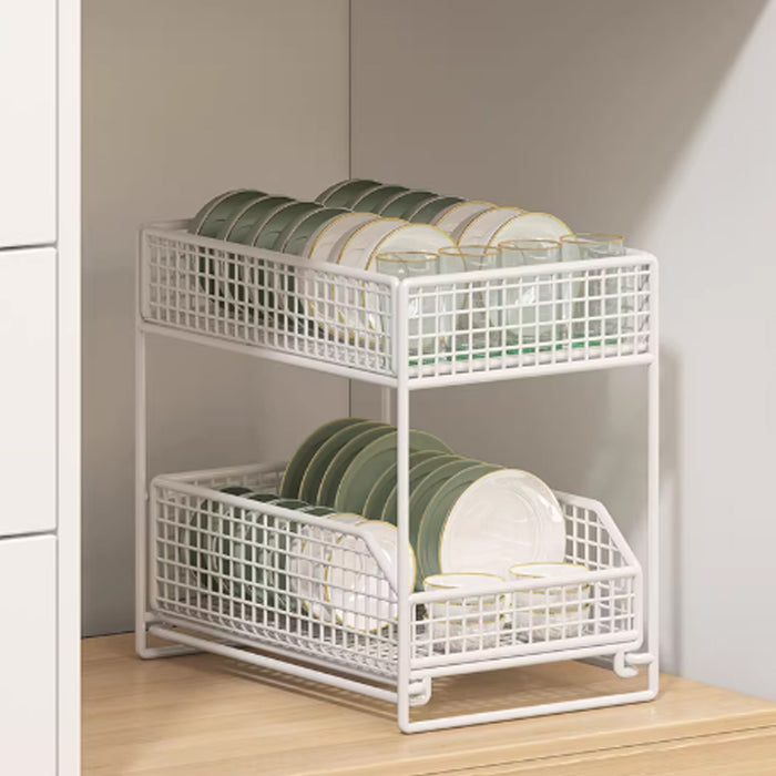 Pull-Out Storage Shelf Two-Tier White Wireframe Organizer