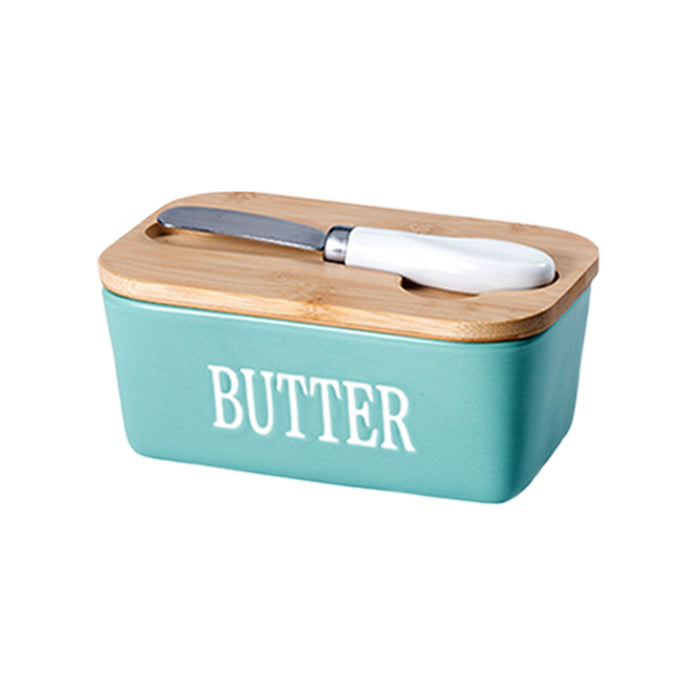 Ceramic Butter Box with Bamboo Lid Knife Slot 14.5cm