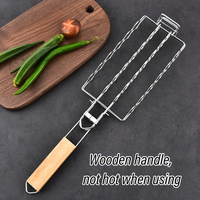 304 Stainless Steel Portable Sausage BBQ Grill Net with Wooden Handle