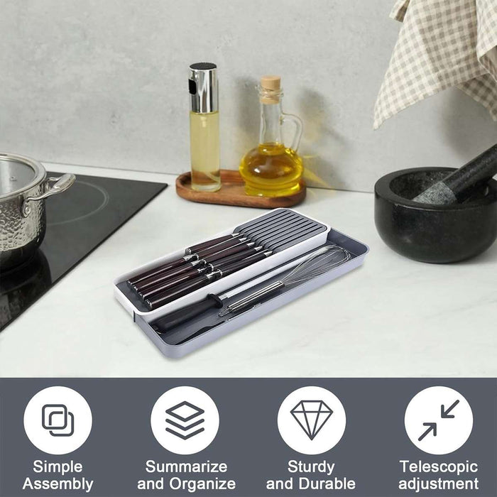 Expandable Knife Organiser Tray with Silicone Inserts White Grey