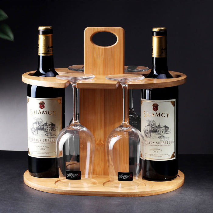 2 Bottles Bamboo Wine Rack with 4 Glasses Holder Free Standing