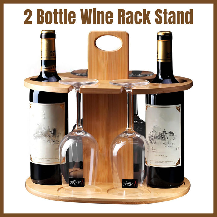 2 Bottles Bamboo Wine Rack with 4 Glasses Holder Free Standing