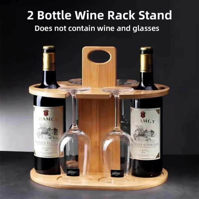 2 Bottles Bamboo Wine Rack with 4 Glasses Holder Free Standing