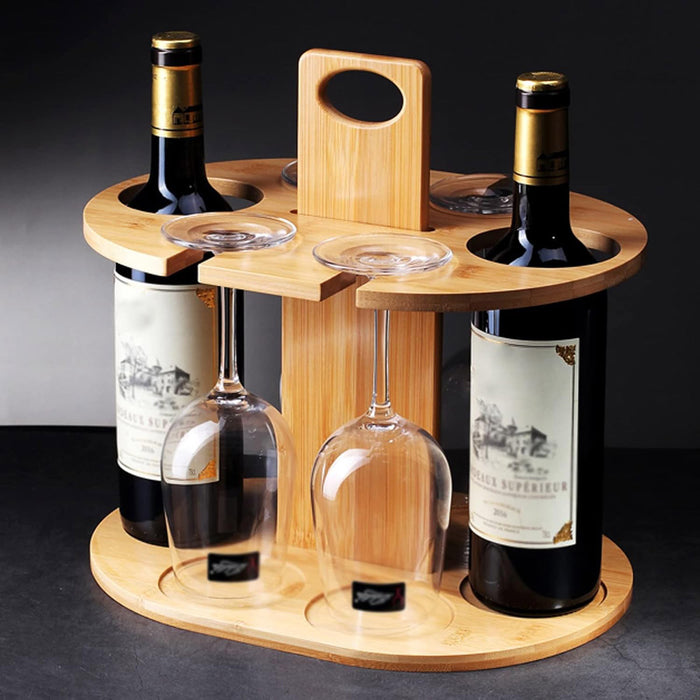 2 Bottles Bamboo Wine Rack with 4 Glasses Holder Free Standing