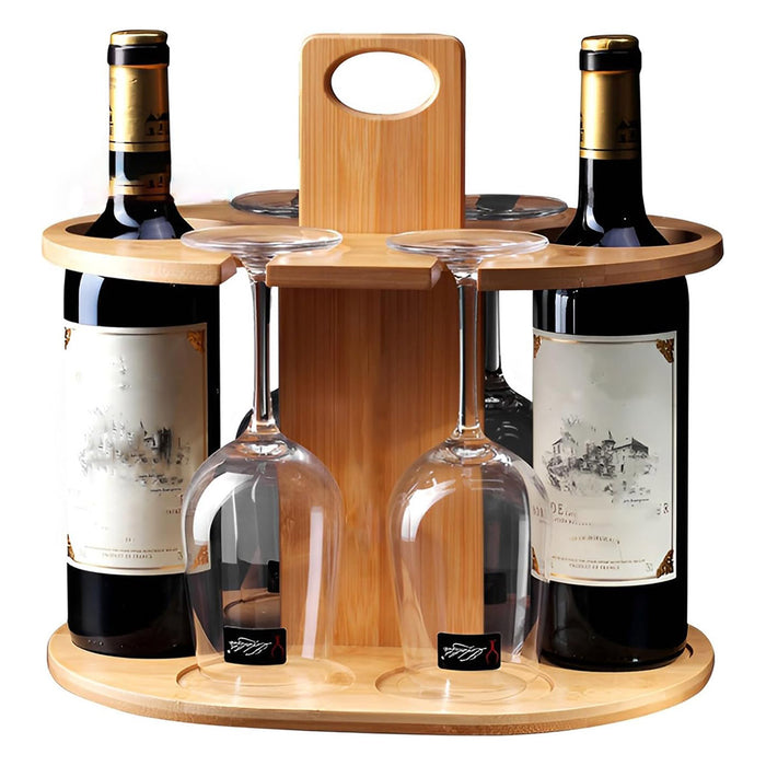 2 Bottles Bamboo Wine Rack with 4 Glasses Holder Free Standing