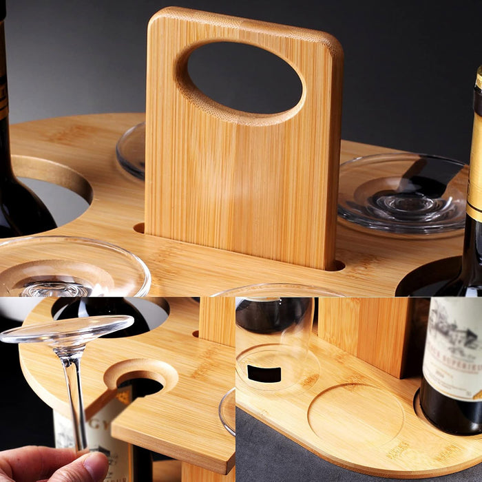2 Bottles Bamboo Wine Rack with 4 Glasses Holder Free Standing