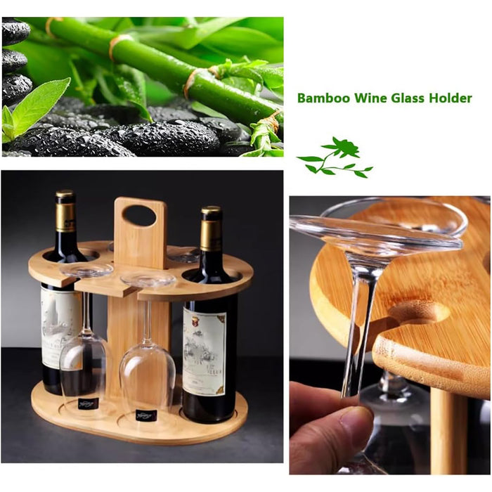 2 Bottles Bamboo Wine Rack with 4 Glasses Holder Free Standing