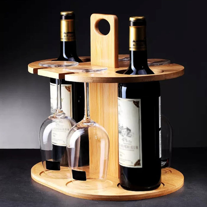 2 Bottles Bamboo Wine Rack with 4 Glasses Holder Free Standing