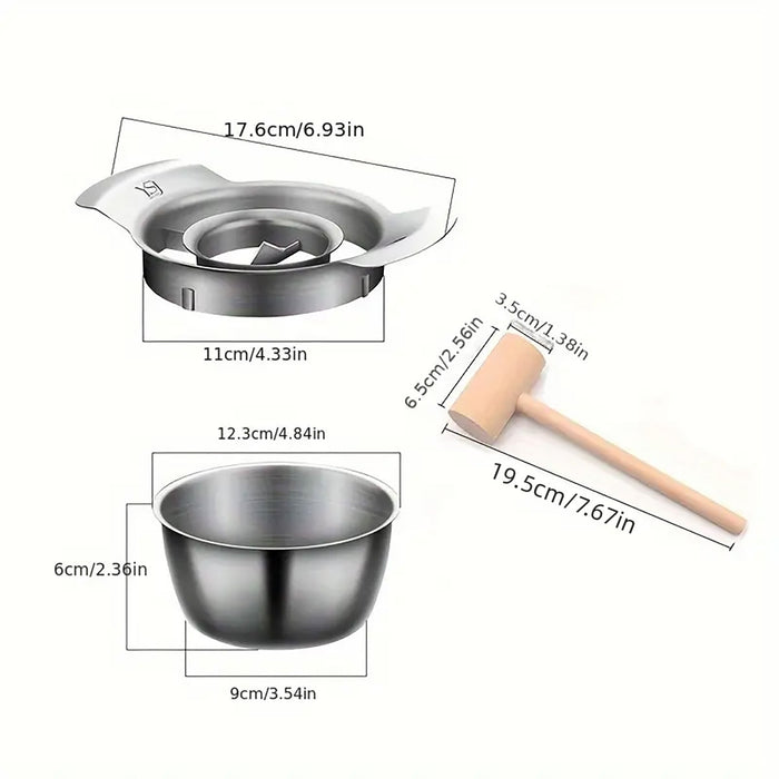 3 Pcs Pomegranate Peeling Tool Set 304 Stainless Steel Bowl 12.3 cm with Wooden Hammer