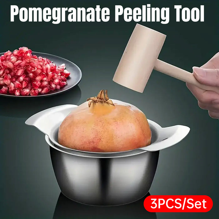 3 Pcs Pomegranate Peeling Tool Set 304 Stainless Steel Bowl 12.3 cm with Wooden Hammer