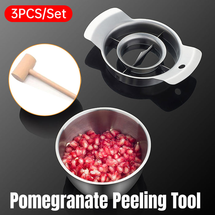 3 Pcs Pomegranate Peeling Tool Set 304 Stainless Steel Bowl 12.3 cm with Wooden Hammer
