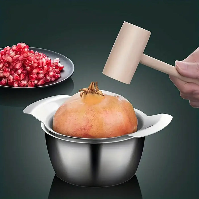 3 Pcs Pomegranate Peeling Tool Set 304 Stainless Steel Bowl 12.3 cm with Wooden Hammer