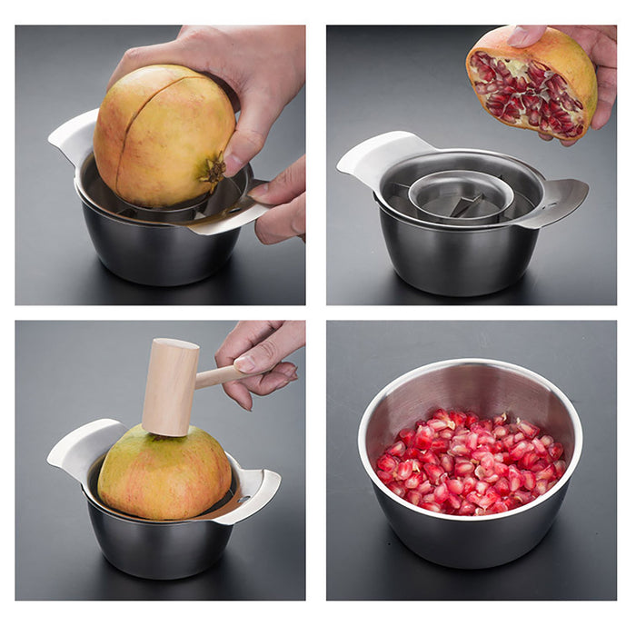 3 Pcs Pomegranate Peeling Tool Set 304 Stainless Steel Bowl 12.3 cm with Wooden Hammer