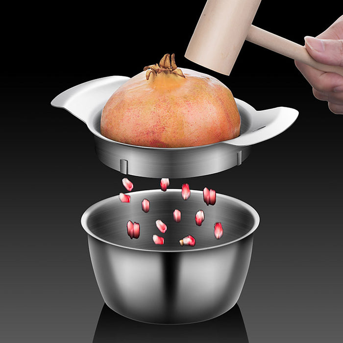 3 Pcs Pomegranate Peeling Tool Set 304 Stainless Steel Bowl 12.3 cm with Wooden Hammer