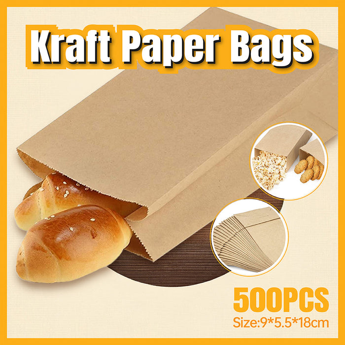 500Pcs Kraft Paper Bags Food Grade Recyclable for Bakery and Takeaway Use