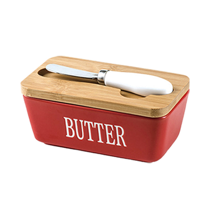 Ceramic Butter Box with Bamboo Lid Knife Slot 14.5cm