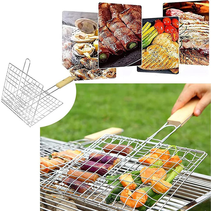 2 Pcs Electroplated Iron BBQ Net Clamp with Wooden Handle Square Mesh