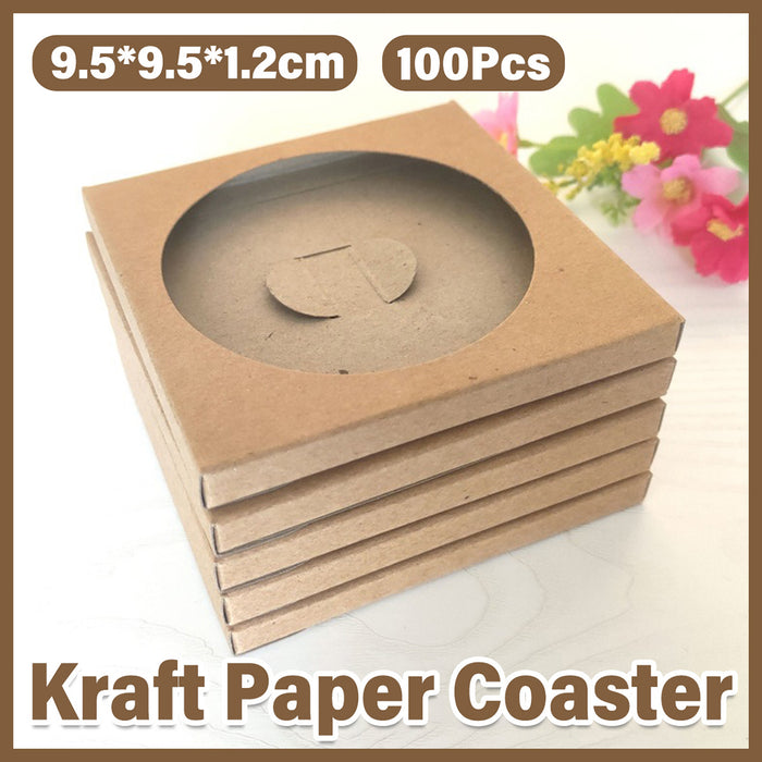 100 Pcs Kraft Paper Coaster Holders with Window Tuck In Flap