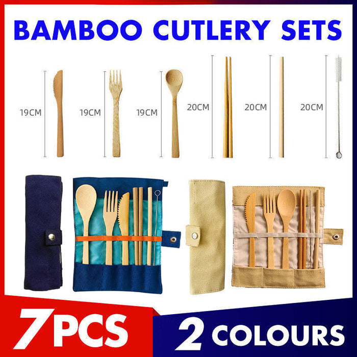 7 Pcs Reusable Bamboo Cutlery Set for Camping with Pouch