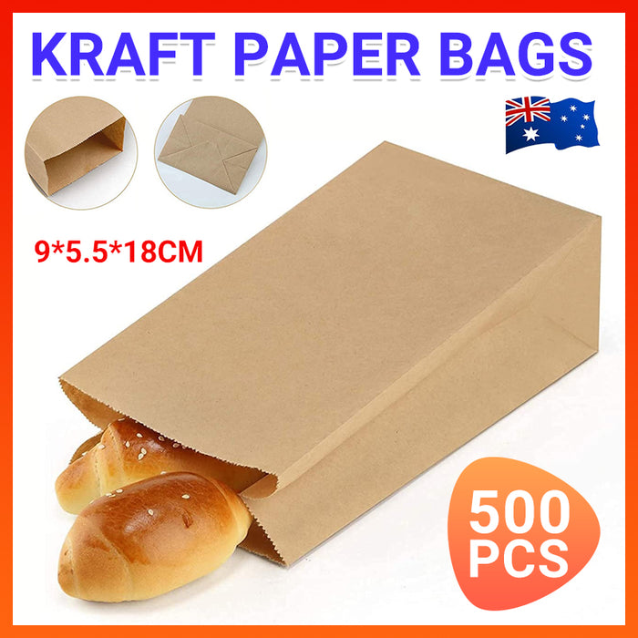 500Pcs Kraft Paper Bags Food Grade Recyclable for Bakery and Takeaway Use
