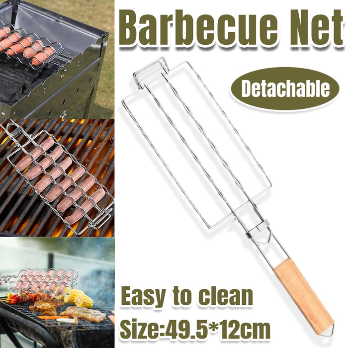 304 Stainless Steel Portable Sausage BBQ Grill Net with Wooden Handle