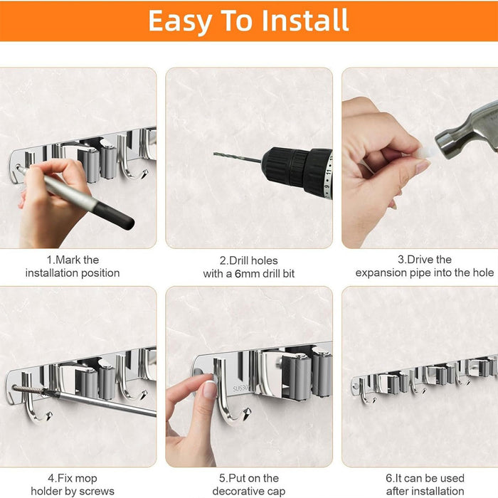 Punch Free Wall Mounted Mop Rack SUS304 Stainless Steel