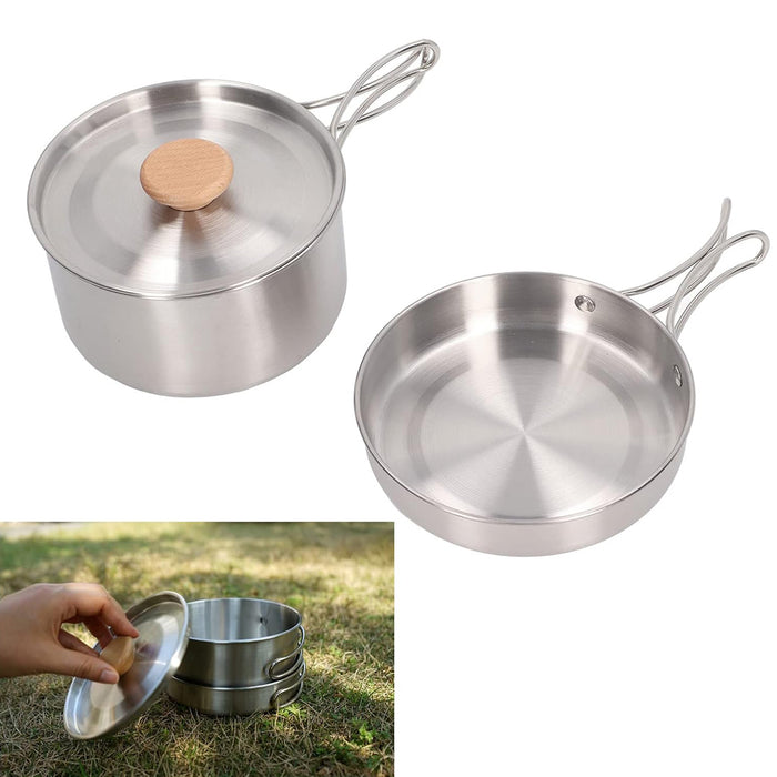2 Pcs 304 Stainless Steel Camping Pot and Pan Set with Folding Handles