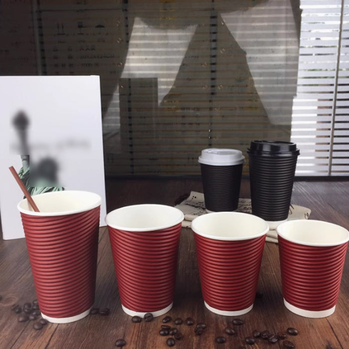 50 Sets Corrugated Paper Cups With White Lids 8oz 12oz 14oz 16oz