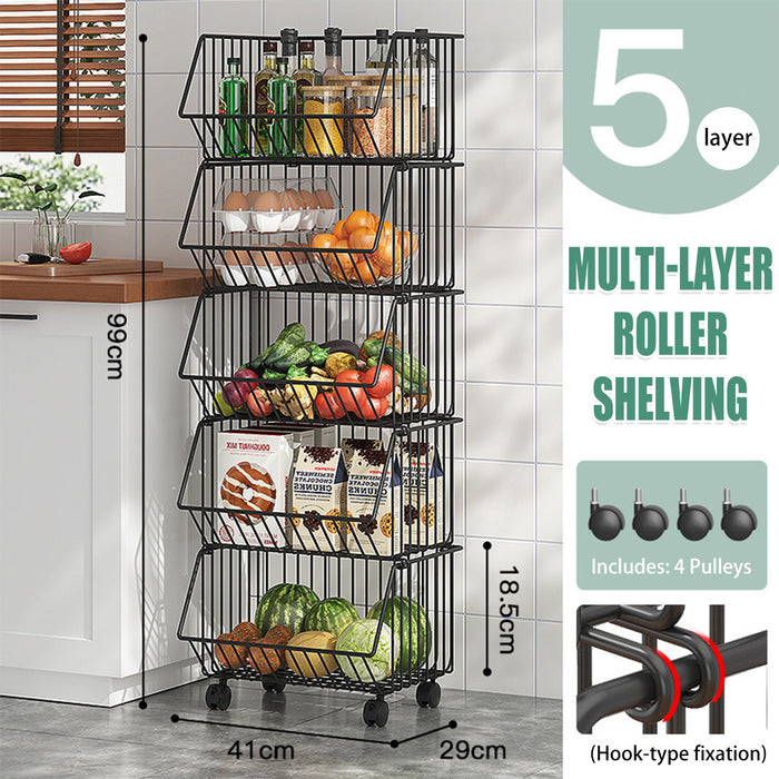 5 Layer Kitchen Storage Rack With Locking Wheels Black
