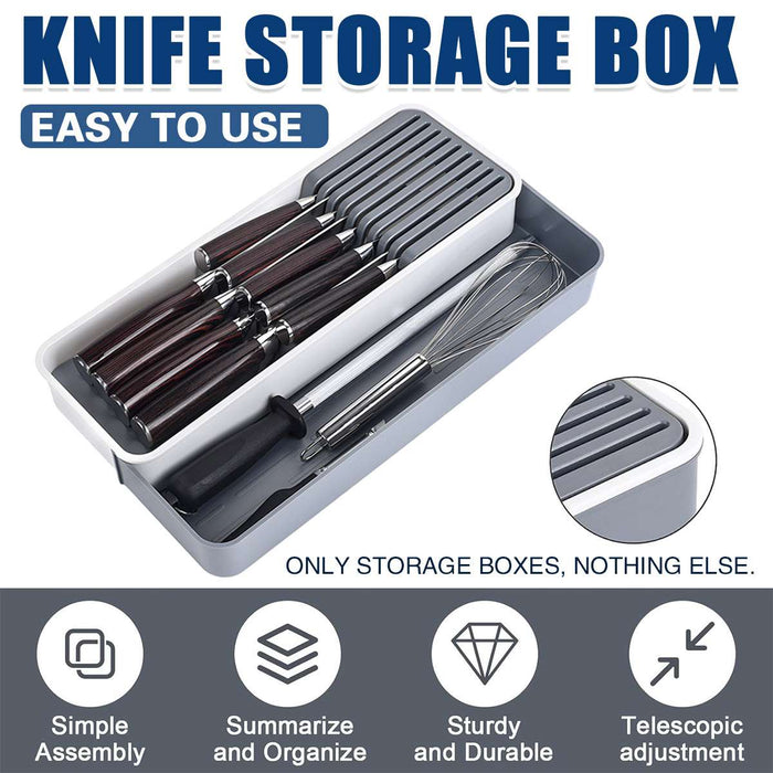 Expandable Knife Organiser Tray with Silicone Inserts White Grey