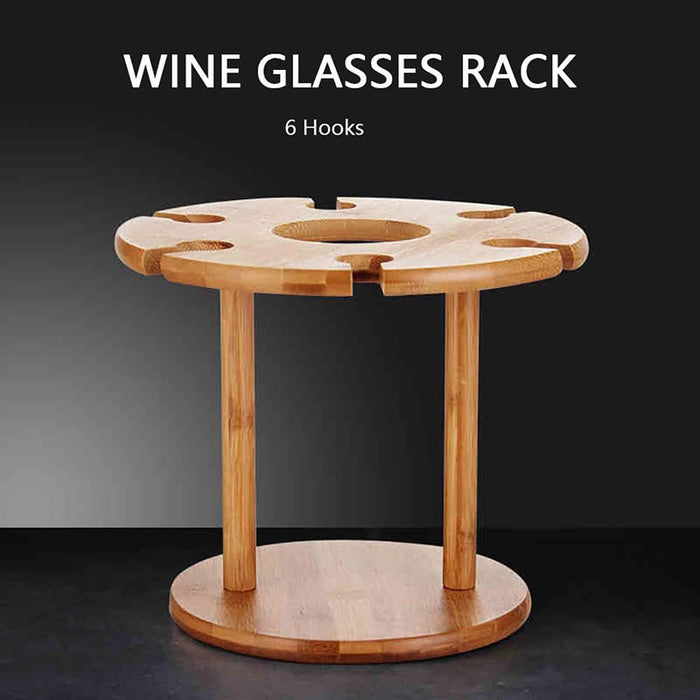6-Hook Bamboo Wine Glass Holder Inverted Hanging Rack