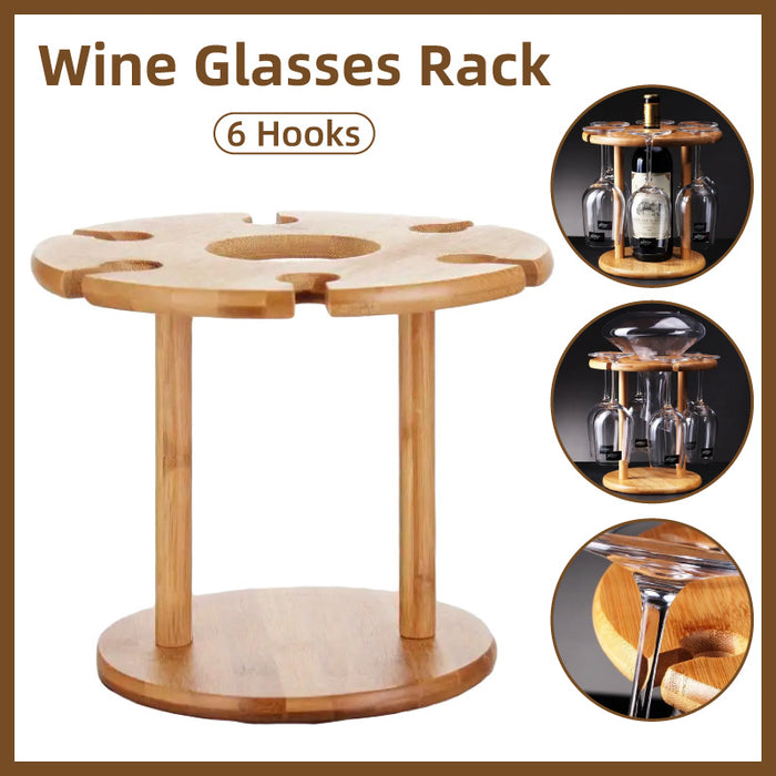 6-Hook Bamboo Wine Glass Holder Inverted Hanging Rack